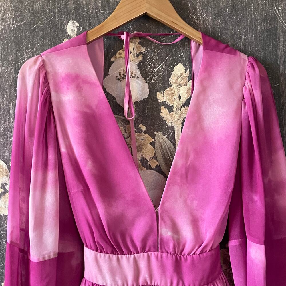 RTR TOCCIN X RTR Pink Tie Dye Romper Sz 2 Open Back Satin Long Sleeve Ruffles - Picture 7 of 12